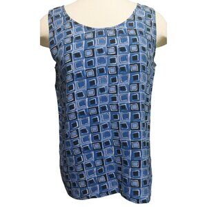 Robbie Bee Blue Geometric Sleeveless 100% Silk Blouse Womens Medium